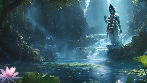 Divine blue deity rises above tranquil waterfall sanctuary.