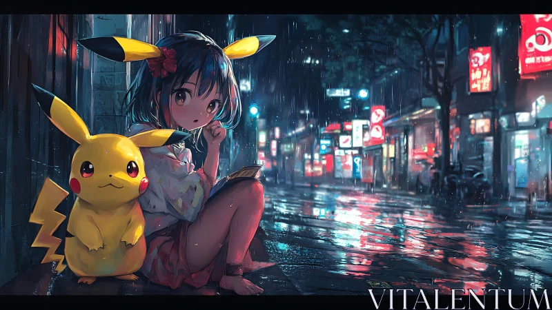 Anime night street scene with girl and mascot in rain-soaked neon.