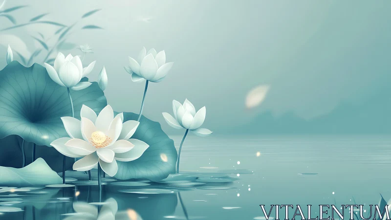 Lotus blossoms over tranquil lake in cool teal palette.