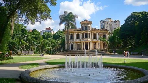 Historic urban mansion with central fountain in city park.
