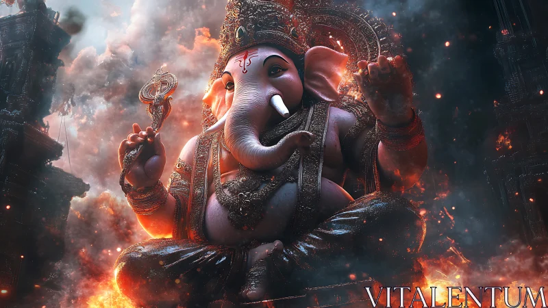 Radiant elephant deity seated in glowing cosmic embers.