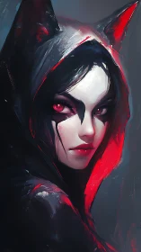 Crimson hooded fox-sorceress with ember eyes at dusk.