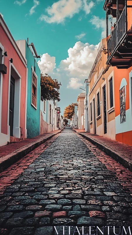 Cobbled street rises between colorful houses under clouds