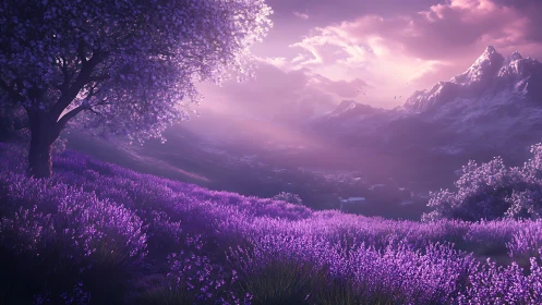 Digital painting of lavender valley under ethereal sunset glow.