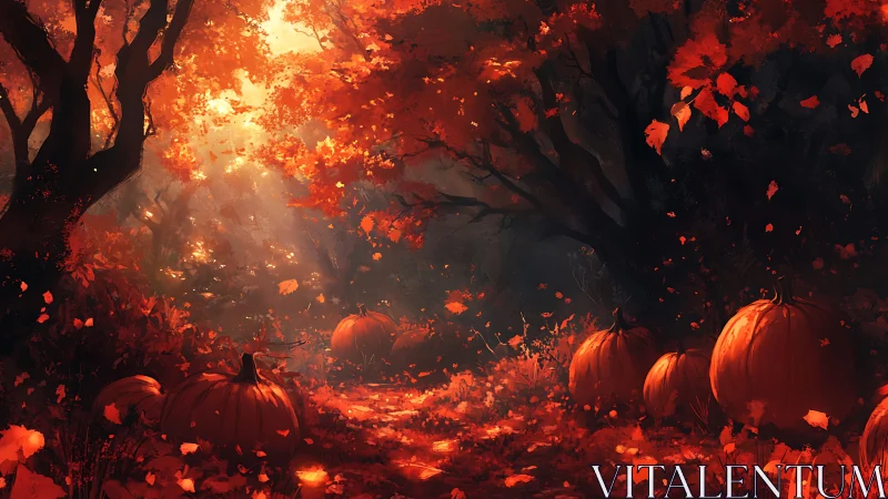 Golden autumn path glowing with pumpkins and falling leaves.