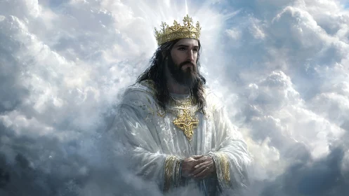 Regal bearded figure in ornate white robes stands amid clouds