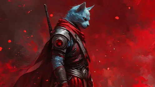 Blue feline warrior stalks through a storm of burning red