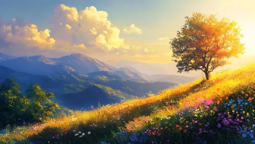 Golden hillside tree glows above wildflower mountain valley