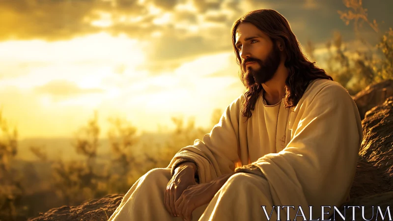 Contemplative holy figure gazes over hills at golden sunset