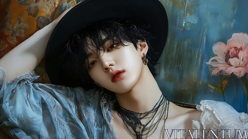 Digital portrait depicts androgynous figure in hat and lace