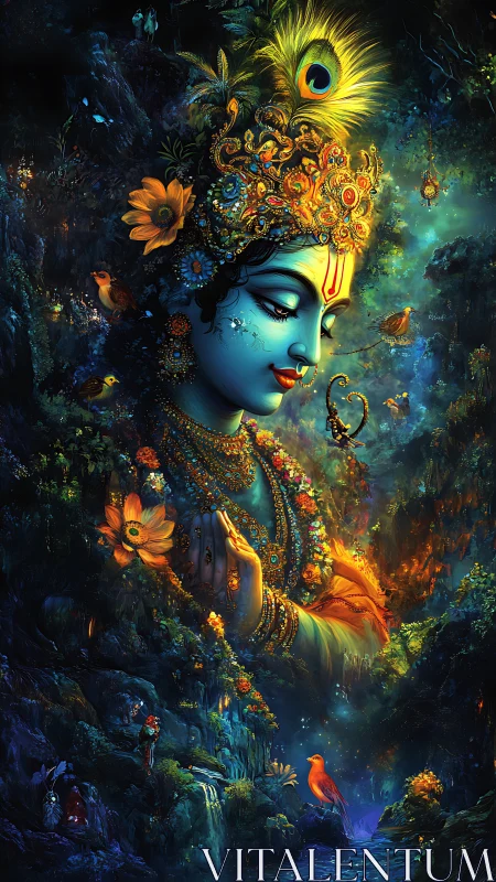 Digital portrait of blue-skinned deity in dense luminous forest