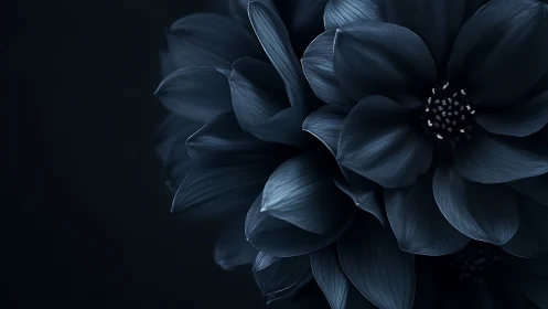 Dark blue flower petals with stamens center in dramatic lighting
