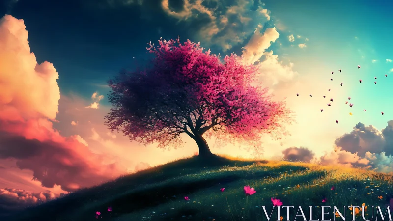 Blossoming pink tree crowns sunlit hill at vivid sunset.