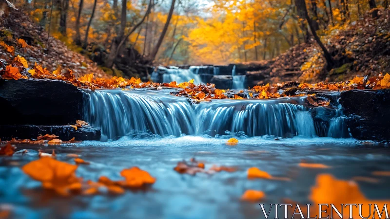 Golden autumn creek cascades through a tranquil woodland