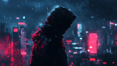 Hooded figure in neon rain against cyberpunk cityscape.