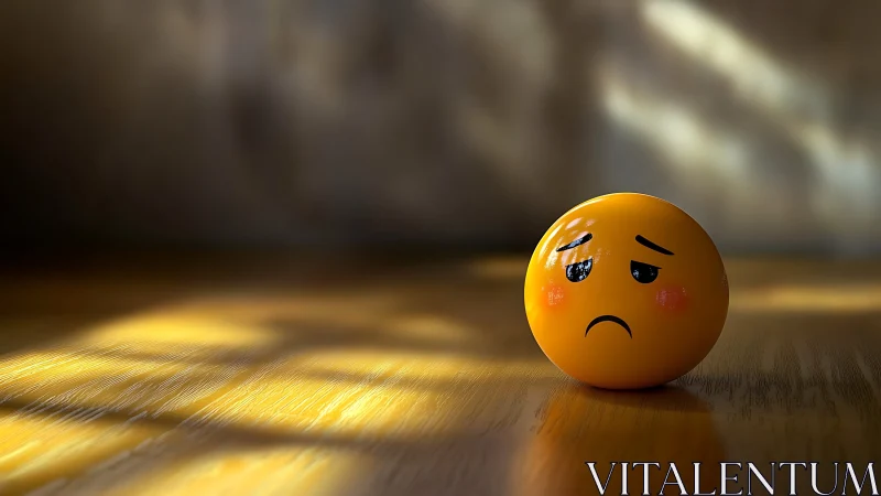 Yellow emoticon ball on wooden surface in soft light.