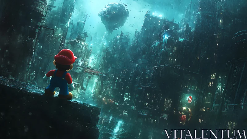 Game character observing dense futuristic cityscape in rain.