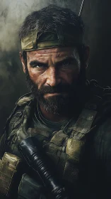 Battle-hardened special forces soldier in tactical gear portrait.