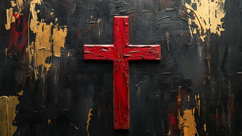 Crimson impasto cross on textured black and gold ground.