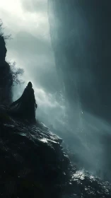 Cloaked lone figure on misty cliffside path at dawn.