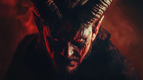 Demonic horned figure glares through hellish red shadows.