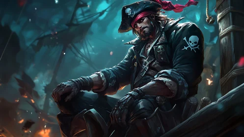 Battle-hardened pirate captain in cinematic teal-orange storm.