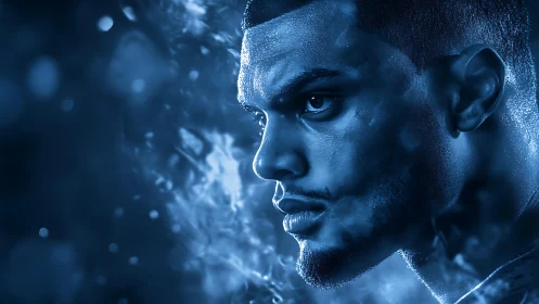Intense blue portrait captures focused male profile in motion.