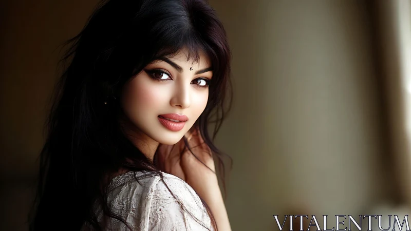 Soft light embraces a serene woman with a gentle gaze