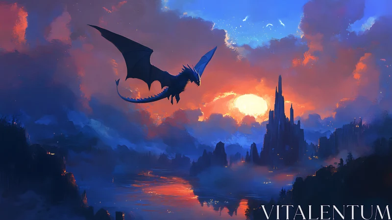 Winged dragon surveys luminous citadel at chromatic sunset