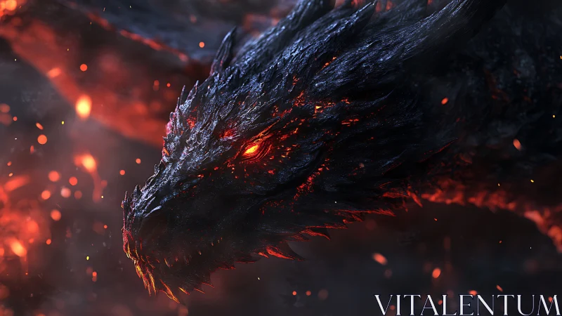 Dragon head rendered in molten, ember-lit close-up profile