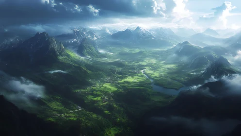 Digital painting of luminous alpine valley under storm clouds.