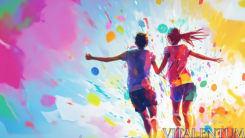 Backlit runners penetrate radial burst of chromatic paint splashes