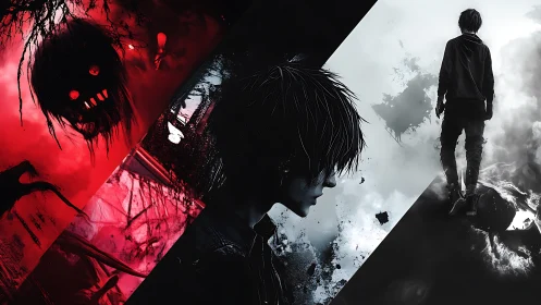 Shadowed wanderer walks between nightmare and quiet sky