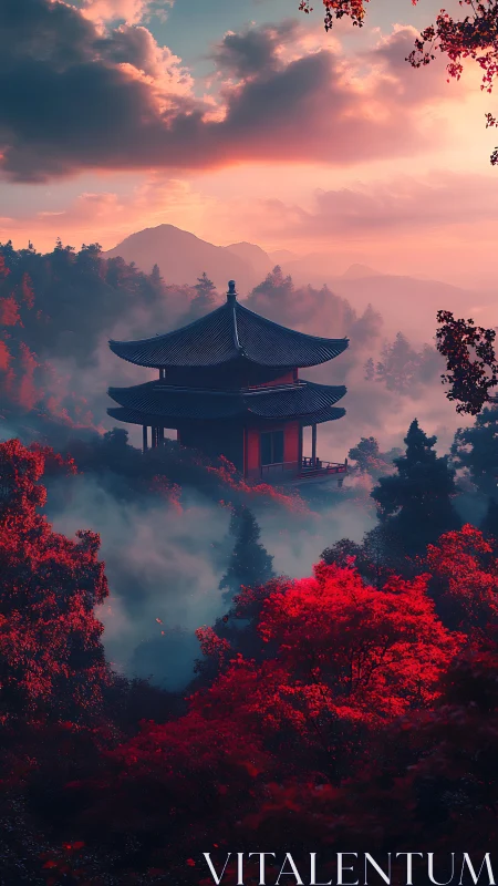 Mist drifts around a tranquil temple in glowing red forest