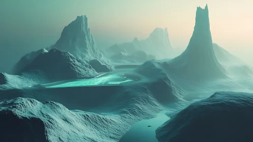 Glacial monoliths encircle a luminous cyan meltwater basin