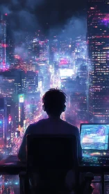 Solitary coder overlooks neon cyberpunk skyline at night