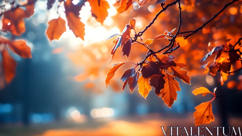 Golden autumn leaves glow softly in warm evening light