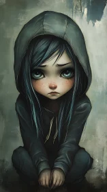 Melancholic hooded girl with exaggerated ocular anatomy study.