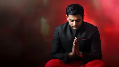 Man in traditional attire sits praying with folded hands