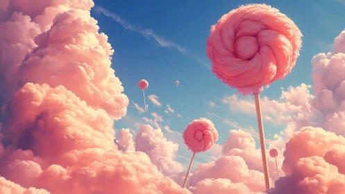 Floating Lollipops Among Cotton Candy Clouds in Surreal Sky.