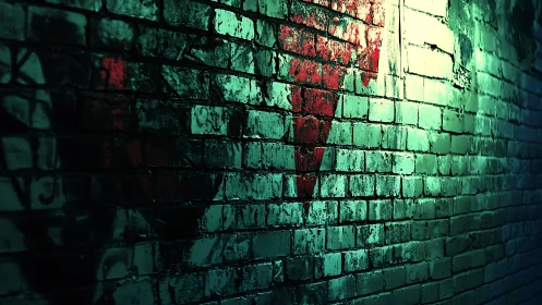 Cyberpunk brick wall with teal glow and distressed graffiti forms.