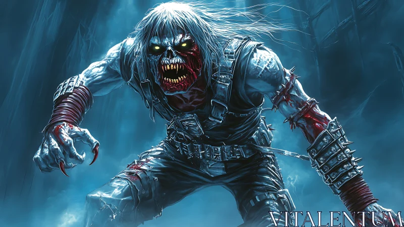 Fierce undead warrior lunges forward in eerie blue mist.