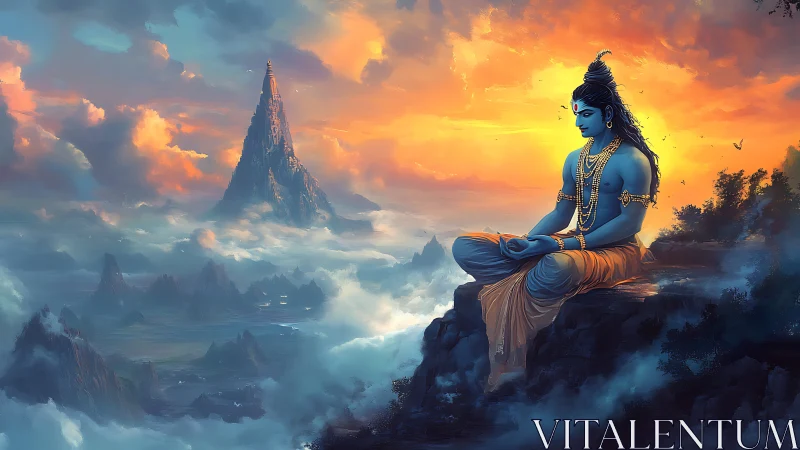 Meditative blue deity above stratified cloud valleys at sunrise.