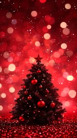 Red Christmas tree with ornaments on bokeh light backdrop.
