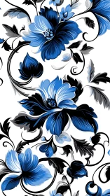 Blue and Black Botanical Ornament Pattern with Scrolling Vines