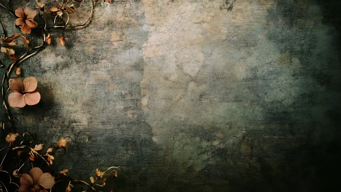 Vintage textured wall with dried floral vines on left margin