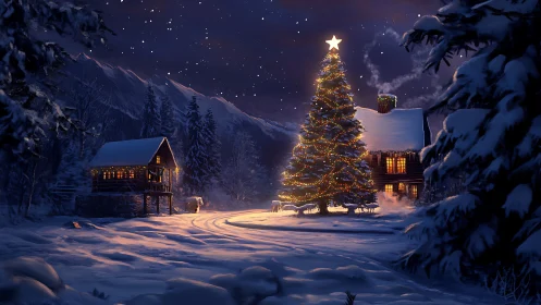 Nocturnal alpine cabin with illuminated festive spruce centerpiece.