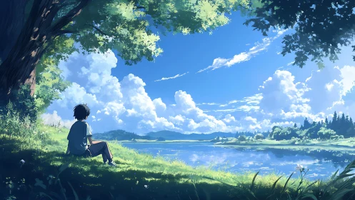 Solitary youth resting under a lakeside summer sky.
