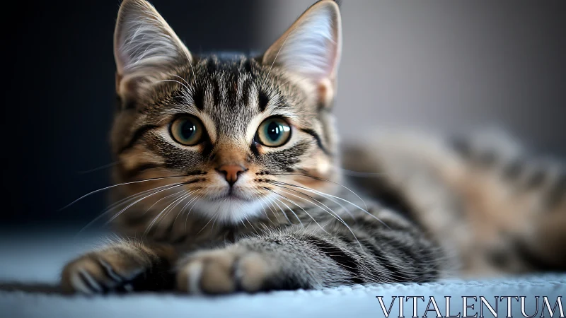 Tabby Cat Displaying Frontal Portrait with Sharp Ocular Contact and Defined Striped Markings