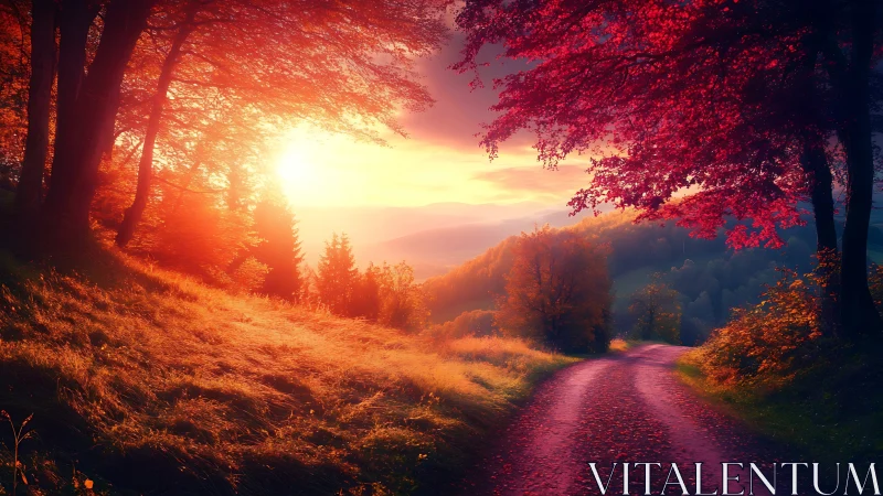 Sunlit forest path glows warmly under vibrant autumn skies